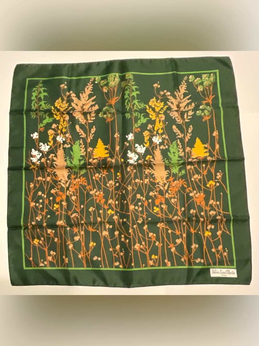 Pierre Saint Martin silk square scarf with a vibrant botanical meadow print.